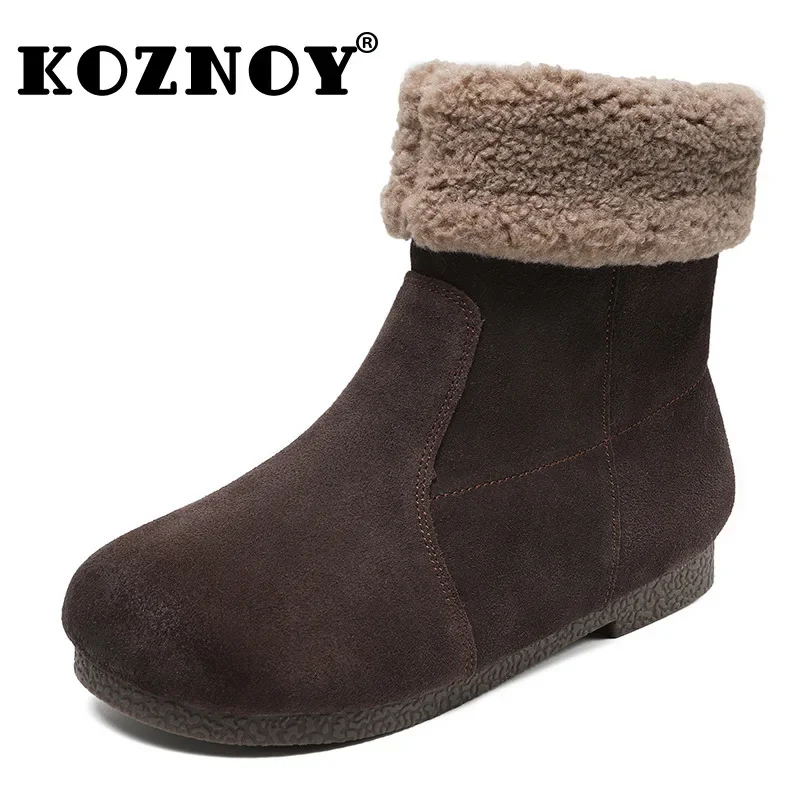 

Koznoy 1.5cm Cow Suede Genuine Leather Ankle Boots Women Chunky Plush Spring Winter Soft Soled Flats Snow Booties Autumn Shoes