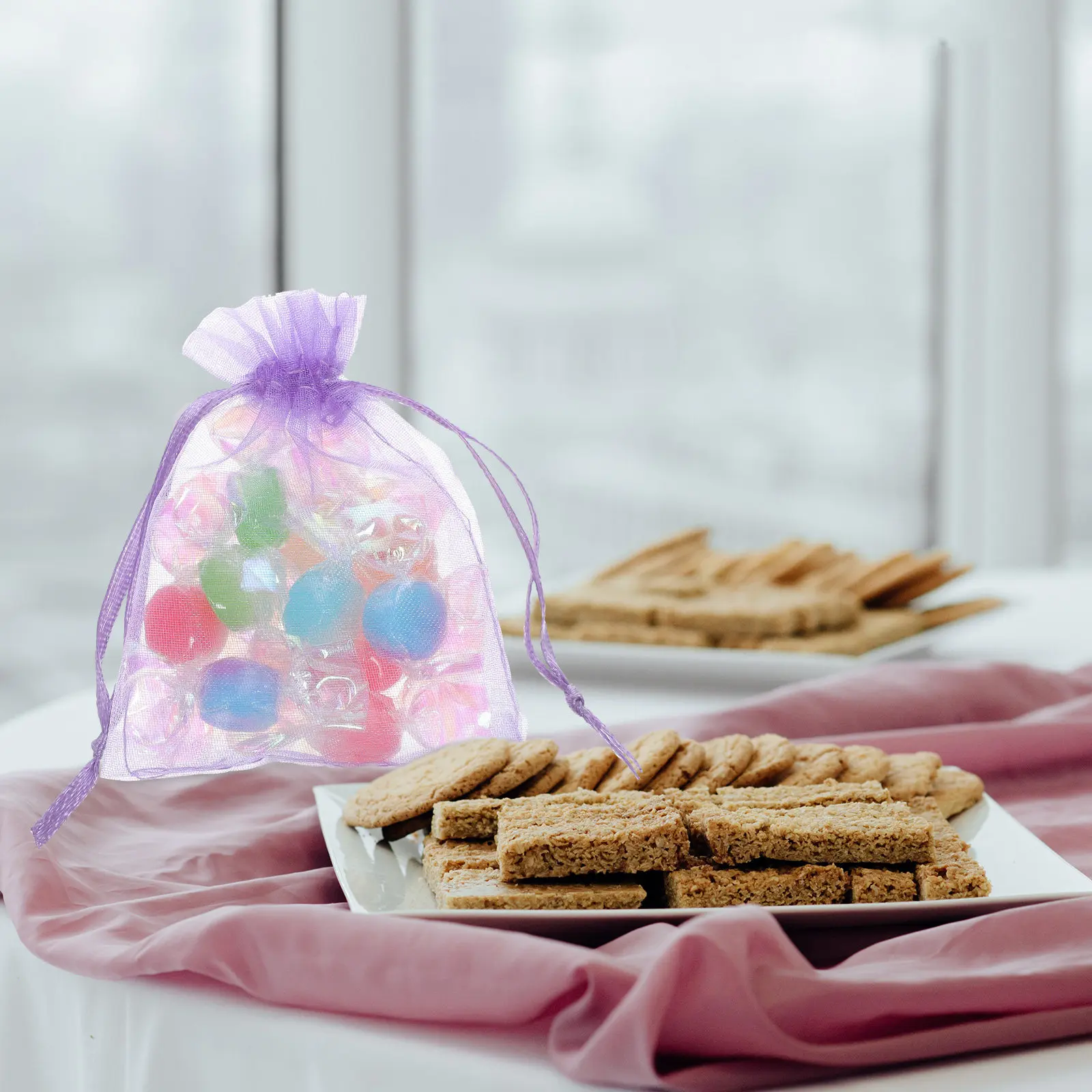 50Pcs Organza Gift Bag Gauze Bags Candy Pouches Purple Small Gifts Lavender Mesh Drawstring Packing Packaging Drawstring Bags