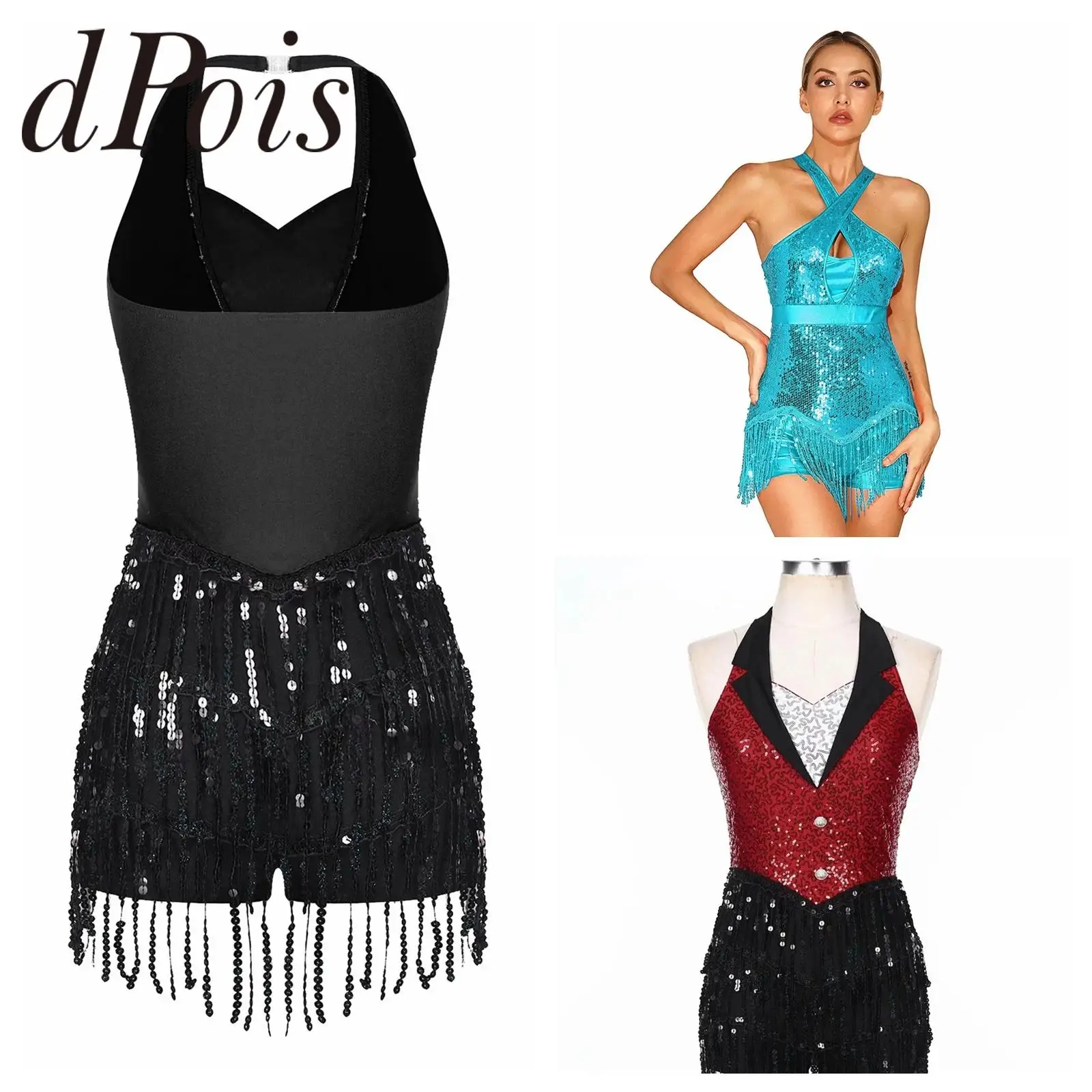 Womens Latin Dance Leotard Sequins Tassel Metallic Fringe Bodysuit Competition Ballroom Tango Rumba Cha-Cha Tassel Bodysuit