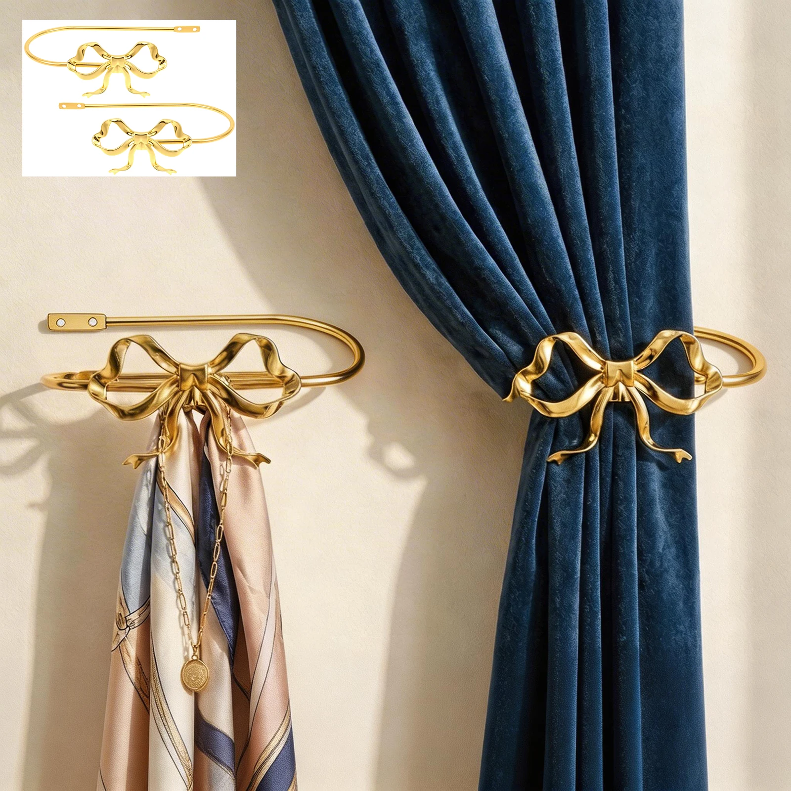 2Pcs Curtain Holdbacks Metal Bow Curtain Holdback Window Decor Finish Wall Hooks for Office Home Bedroom Luxe Drapes Tie Back