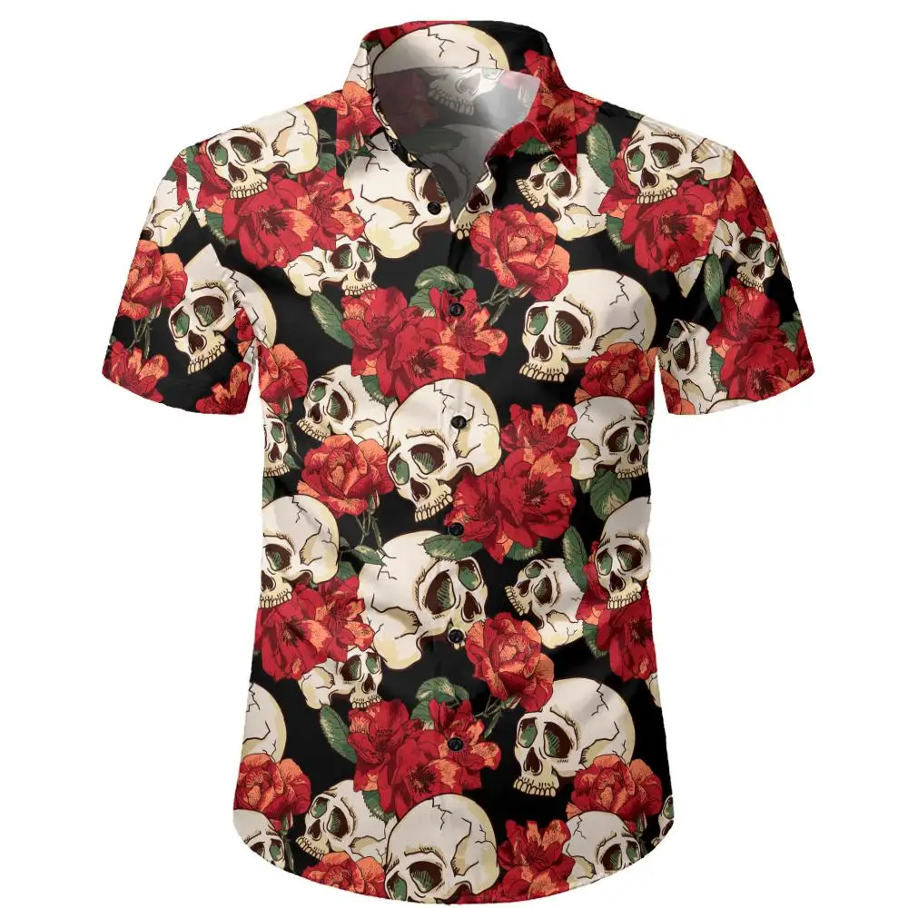 Men\'s Skull Shirts Casual Short Sleeve Shirt For Men Summer Black White Printed Men\'s Clothing Loose Oversized Lapel Shirts Top