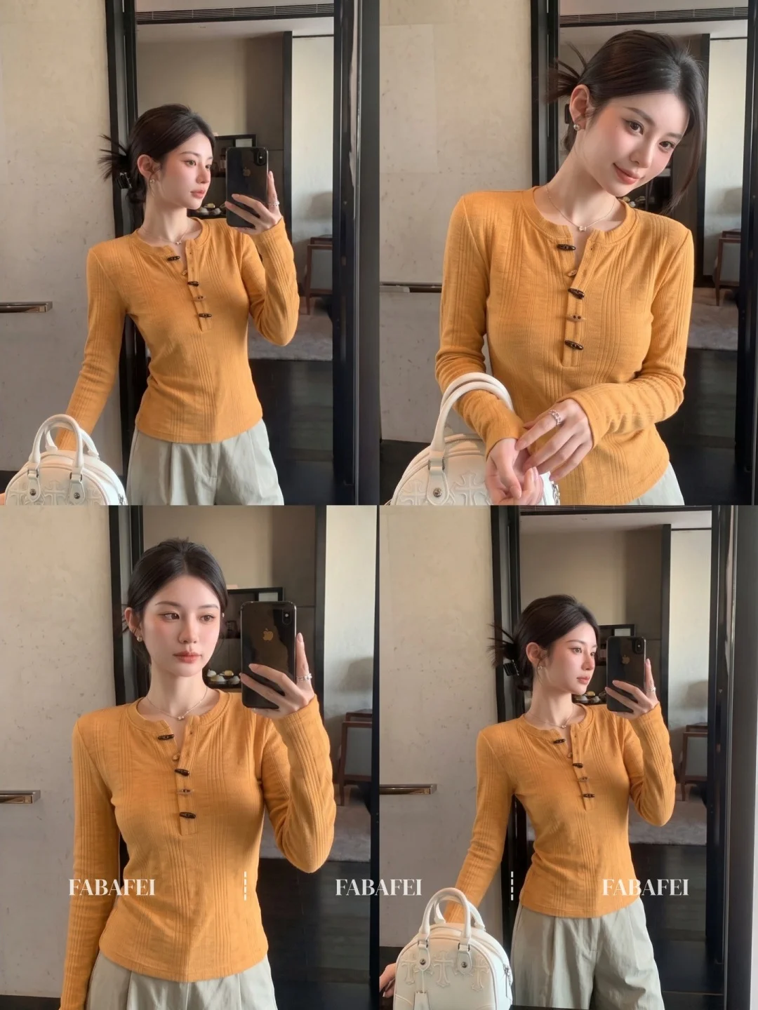 Dopamine Orange Long Sleeve Slim Fit Henry Collar T-Shirt Women's Base Shirt Unique Style Autumn Casual Wear Breathable Fabric