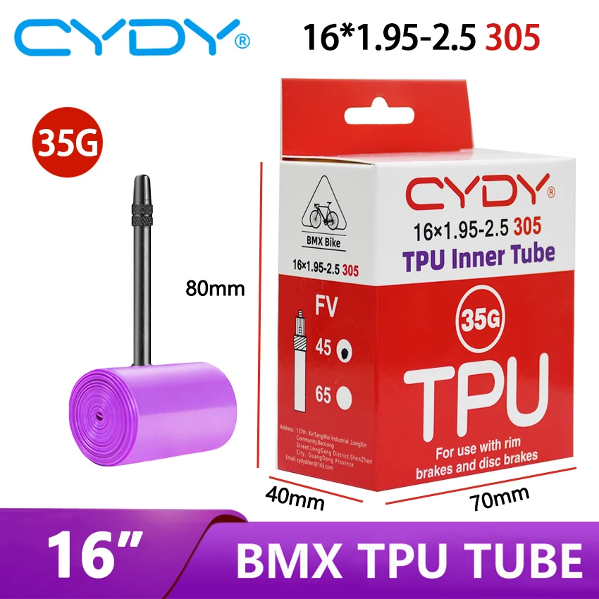 CYDY Bicycle TPU Inner Tube 16‘’305 16x1.95 2.0 2.1 2.125 2.25 2.35 2.4 2.5 Valve length 45mm Camera Tyre BMX Bike Tire penu 35G