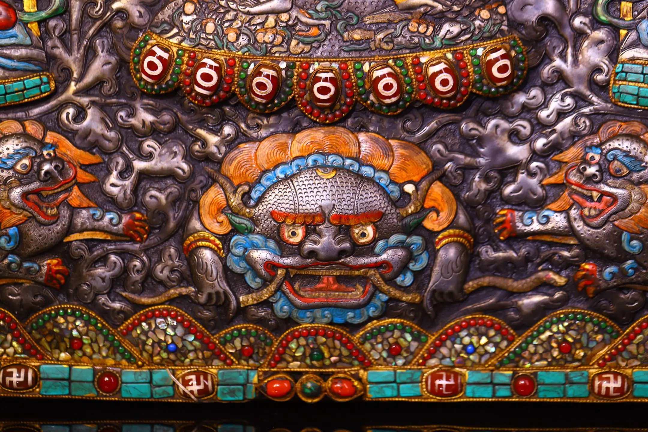 

19"Old Tiantie Painted Mosaic Gem gZi Beads Turquoise Yamantaka Buddha Tara Protector Thang-ga hanging panel Town house