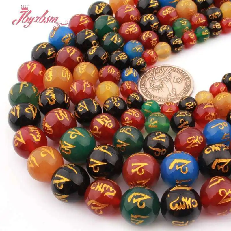 6/8/10mm Carved Tibetan Round Black Red Multicolor Agate Mala Buddish Natural Stone 15 inches for DIY Accessories Jewelry Making