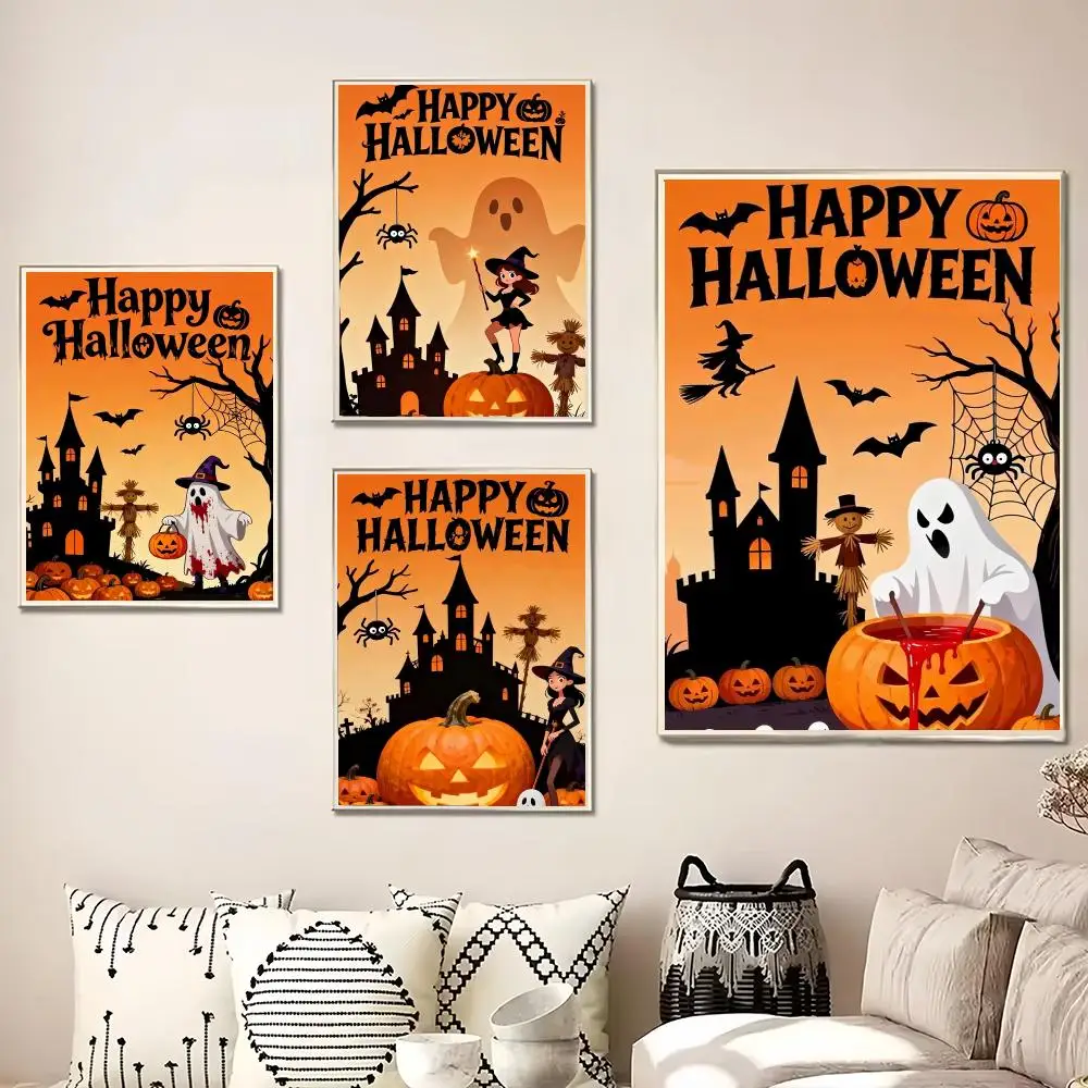 Halloween Castle Witch and Ghost Painting Calligraphy Canvas Poster Wall Art for Living Room Bedroom Cafe Decor Gift