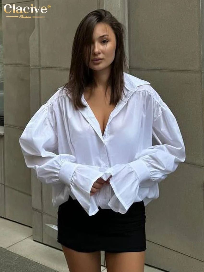 Clacive Fashion Loose White Cotton Women\'s Shirt 2025 Casual Lapel Long Sleeve Blouse Elegant Classic Solid Top Female Clothing