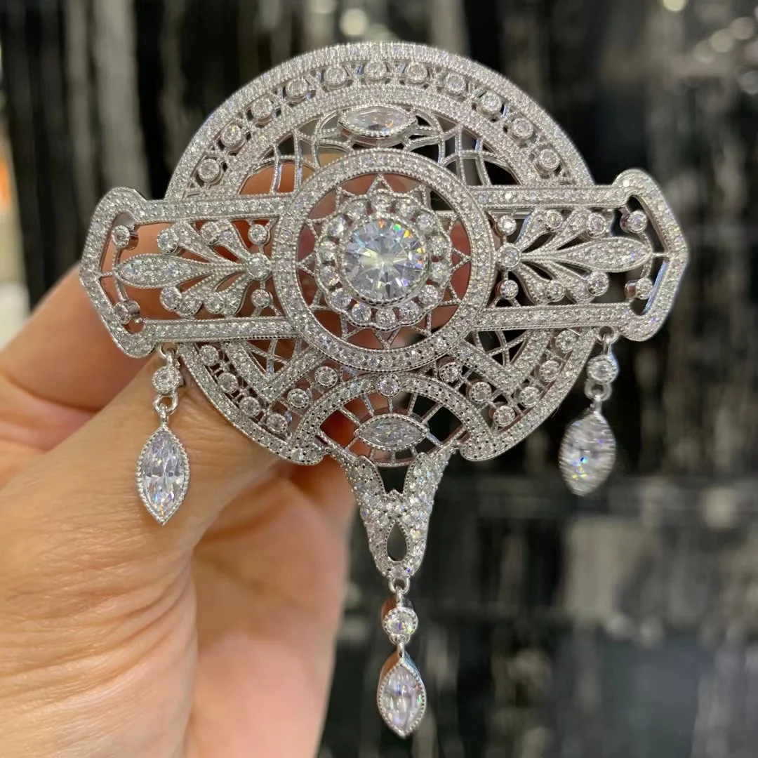 vintage unique style brooch 925 sterling silver with cubic zircon antique 61*71MM fine women jewelry free shipping