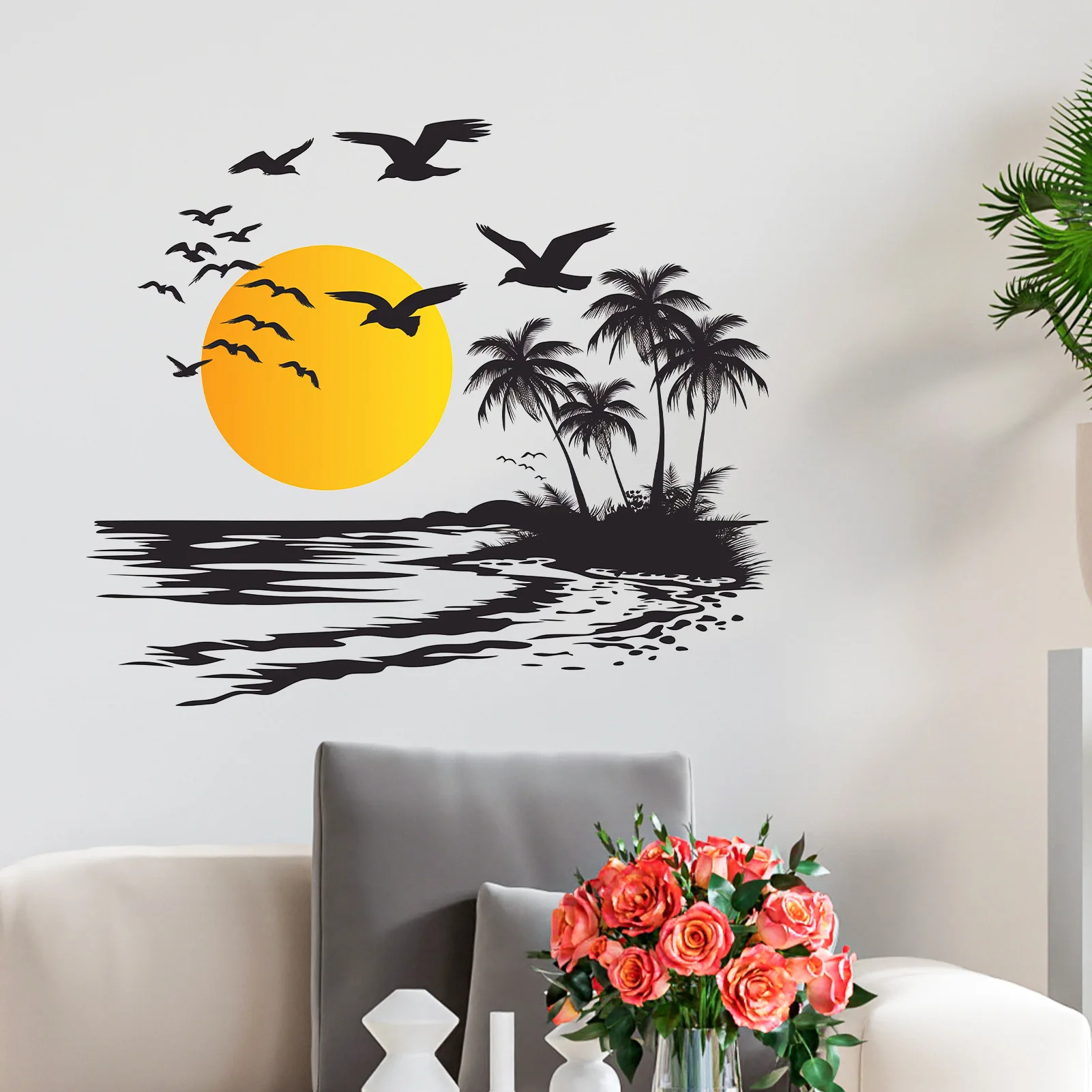 Seaside Sunset Wall Stickers Coconut Tree Seagull Ocean Scenery Waterproof Removable Decals for Bedroom Living Room Headboard