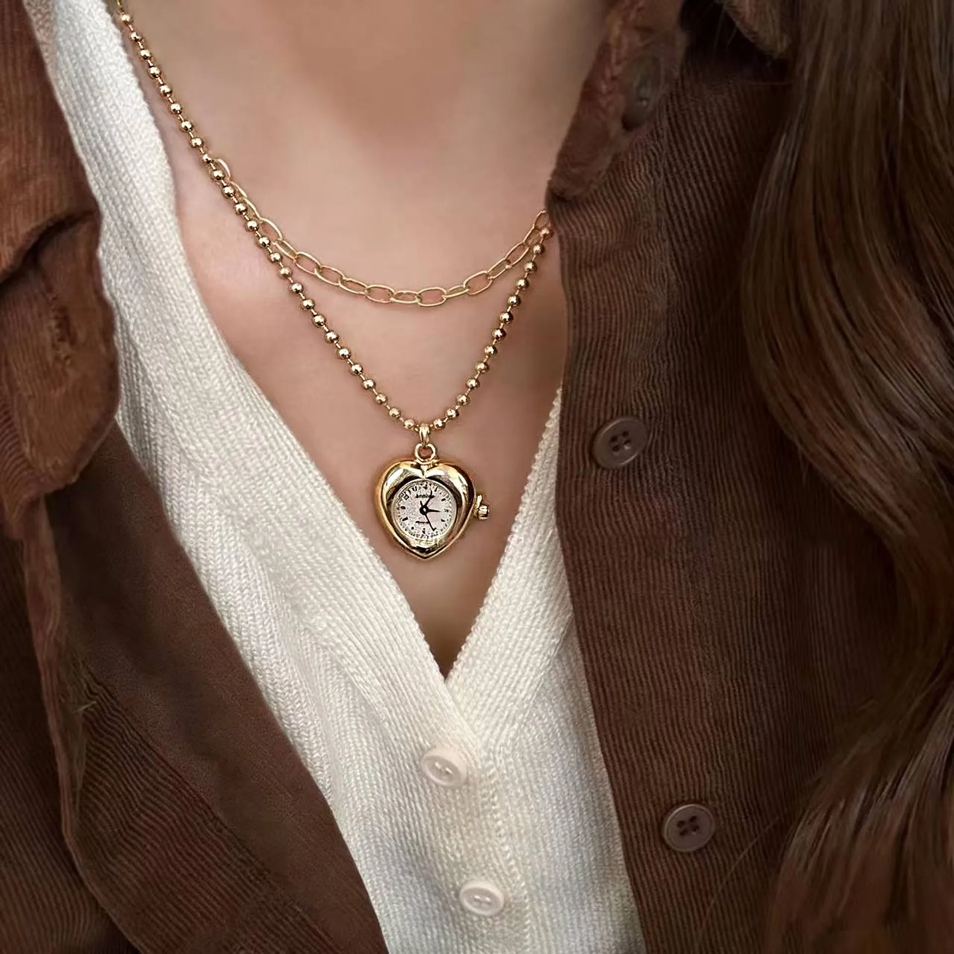 Korean Retro Heart Pocket Watch Pendant Necklace Commuting Fashion Collarbone Chain Light Luxury Exquisite Pendant Accessories