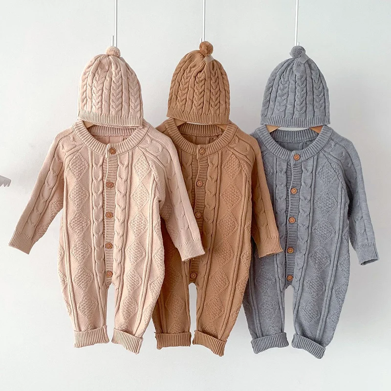 2024 New Autumn Baby Clothing Infant Baby Girls Boys Knitted Jumpsuit Long Sleeved Solid Color Toddler Baby Knitted Romper+Hat