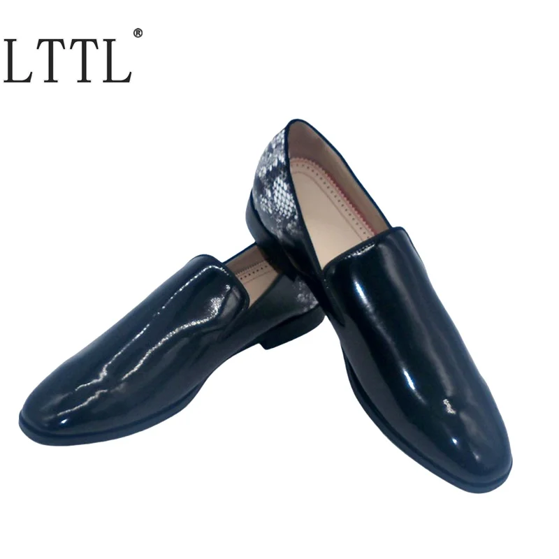 

New Fashion Black Patent Leather Loafers Snake Skin Pattern Heel Men Dress Shoes Slip On Flats Casual Shoes