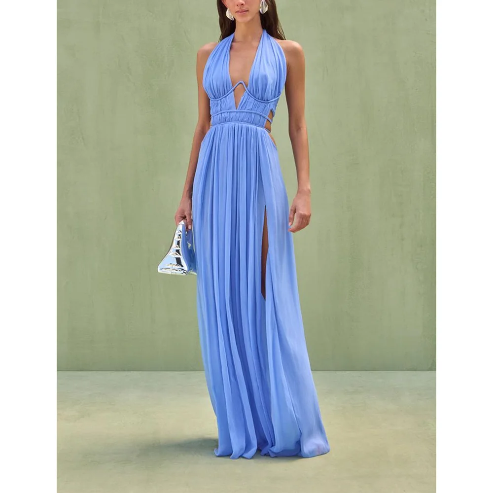 

Elegant Blue Chiffon Deep V-Neck A-Line Long Dresses Chic Side Slit Evening Party Prom Dresses Customized