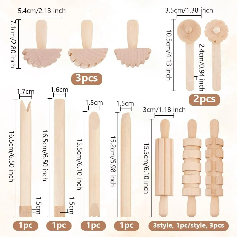 12pcs Clay and Dough Tools Play Accessories includes Rollers Hammer Party Pack Wood Pottery Tools Stamps for Clay Art DIY Crafts