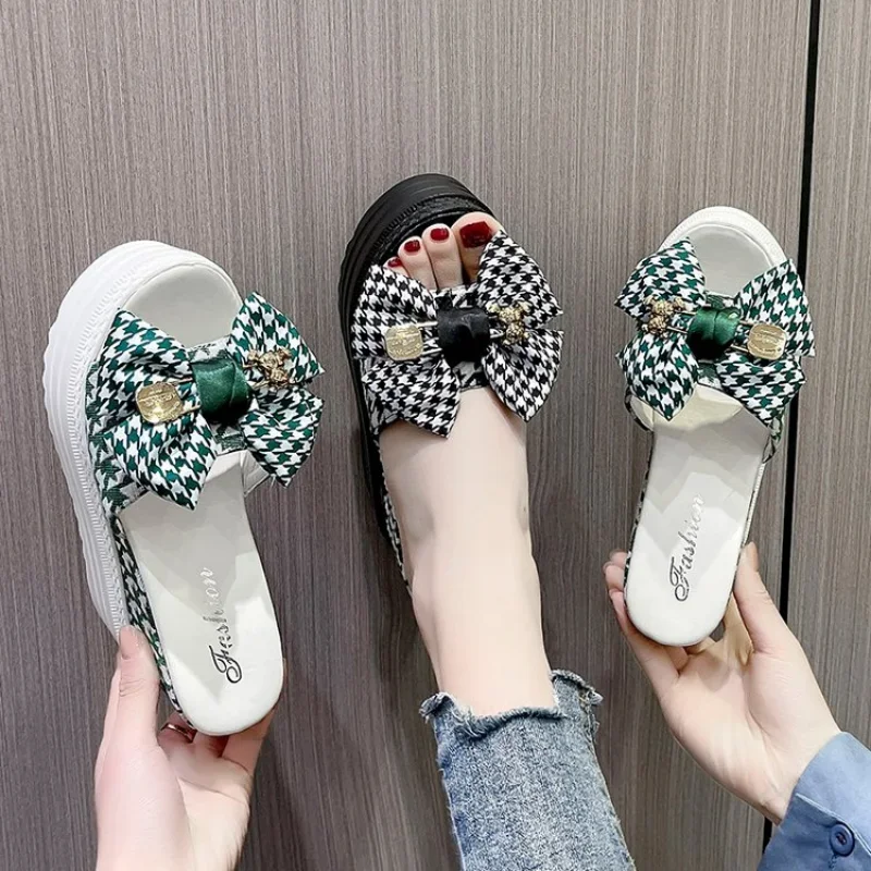 2023 Women\'s High Heel Slippers Luxury Slippers Platform Summer High Designer Fashion PU Shoes Bow Decoration Women Shoes Heels