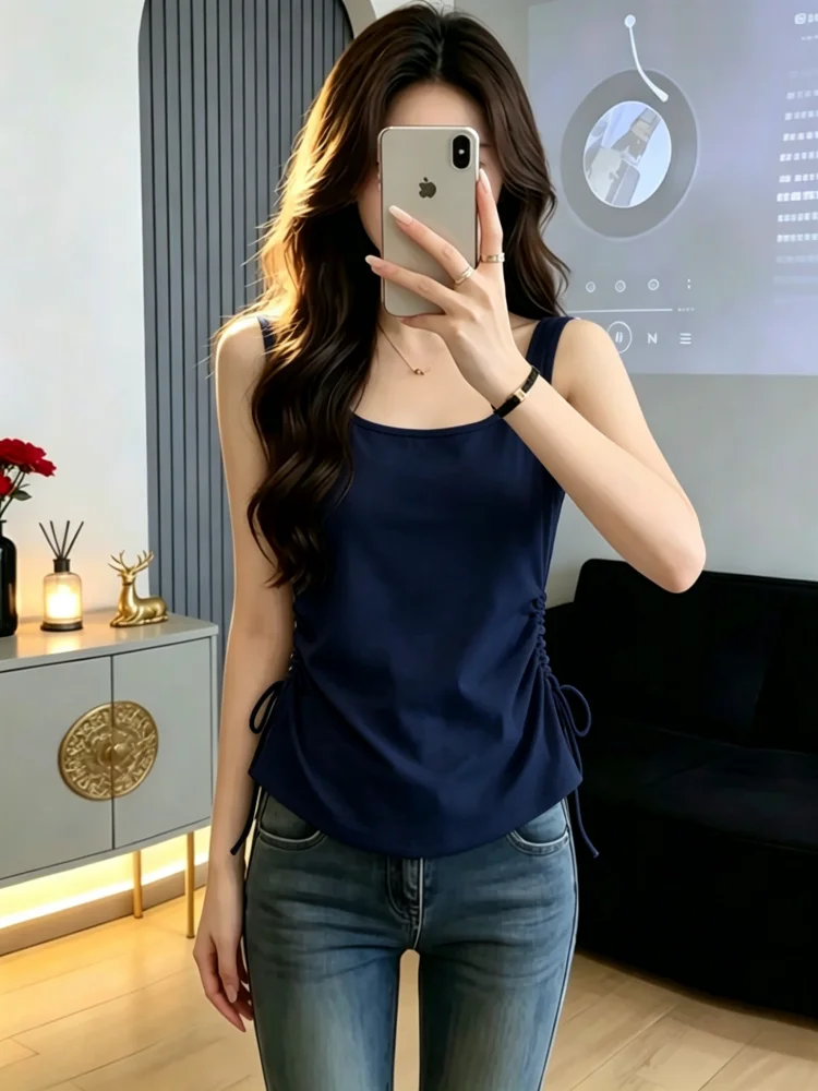 Summer New Women's Cotton Blend Tank Top Drawstring Waist Slim Fit Base Shirt Inner Wear Outer Wear Casual Simple Style