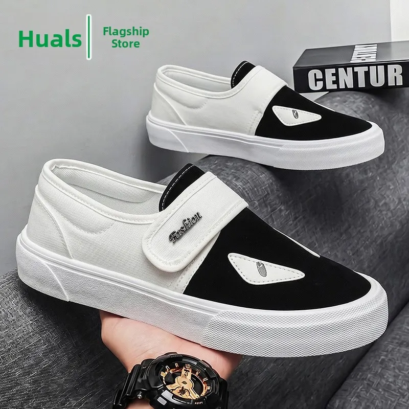 Men's Canvas Shoes Slip-On Soft Bottom Breathable Versatile Magic Tape Casual Sports Fashionable Korean Style Outdoor Leisure...