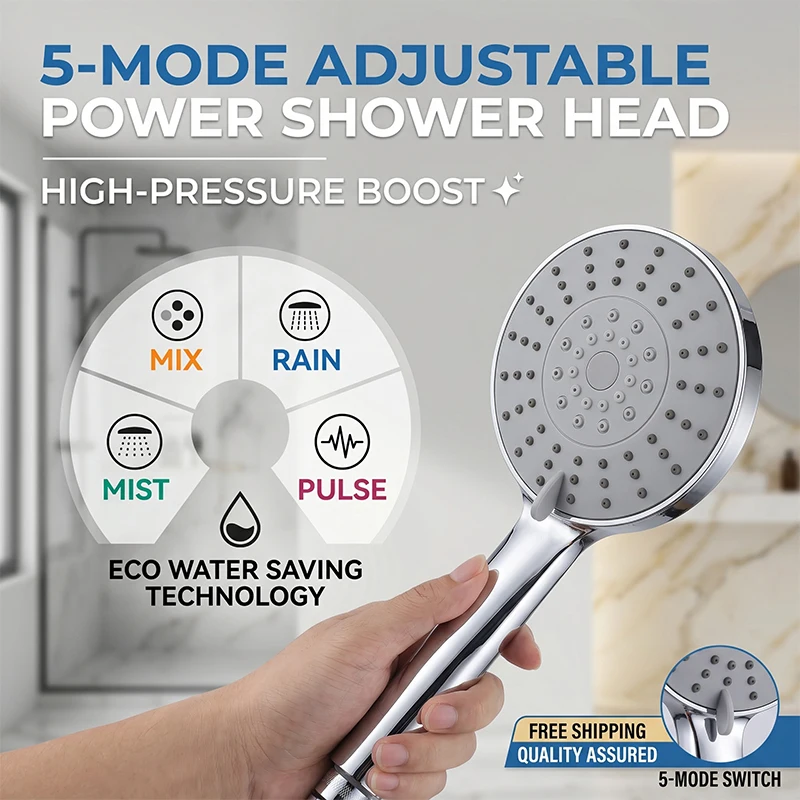 

High Pressure Handheld Shower Head Set, 5 Mode Water Saving Jetting SPA Shower with 1.5m Hose, Anti-Clog, Wall-Mounted Bathroom