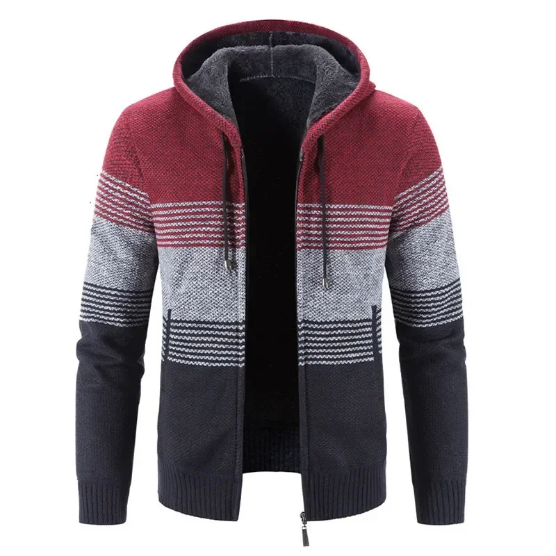 Autumn Winter Men\'s Hooded Sweater Jacket Warm Cashmere Casual Wool Zipper Slim Fleece Cardigan Men Coat Knitwear Sweater Men