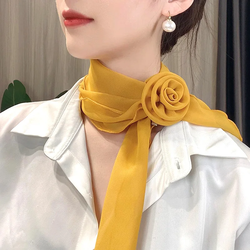 Fashion Rose Flower Silk Scarf Women Soft Chiffon Kerchief Neckerchief Head Hijab Ladies Long Ribbon Tie Scarf Office Clothes