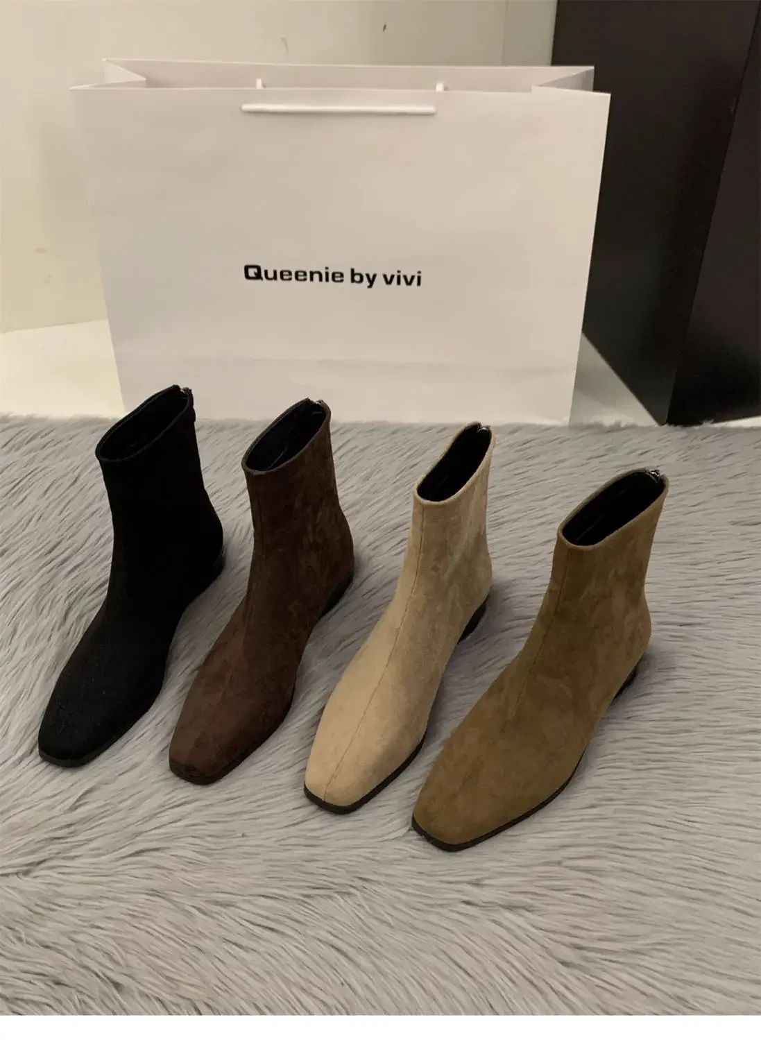 Pfirsichfarbener Rückenreißverschluss Nude-Stiefel Modischer Quadratischer Zeh Herbst/Winter-Stil Hoher Absatz Elegante Damen-Kurzstiefel – Detail 16