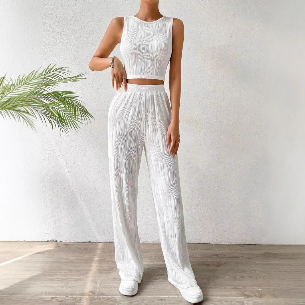 

Summer New White Set For Women Water Wave O Neck Sleeveless Short Vest Top Elastic Waist Straight Pants Two-piece Sets Woman