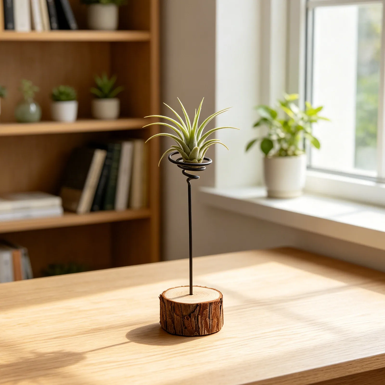 Mini Desktop Air Plant Holder Metal Spiral Design with Natural Wood Base for Small Air Plants Tillandsia Container Living Room