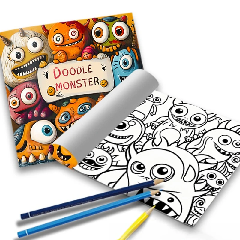 Doodle Monster Coloring Book Cute Big Eye Fluffy Creature Stress Relief Drawing Book