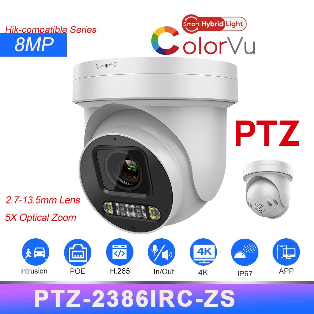 

Совместимая с Hikvision 8-мегапиксельная PTZ-камера ColorVu с 5-кратным зумом PoE, двустороннее аудио, слот для SD-карты, IP-камера наблюдения, приложение, пульт дистанционного управления