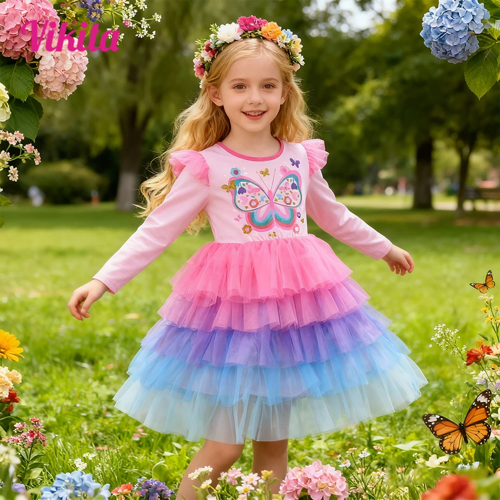 Langärmliges rosa Kleid für Mädchen, Kleinkinder, Schmetterlings- und Blumenmuster, niedliches Tüll-Schichtkleid, Party-Prinzessin-Tutu-Kleid für Frühling und Herbst