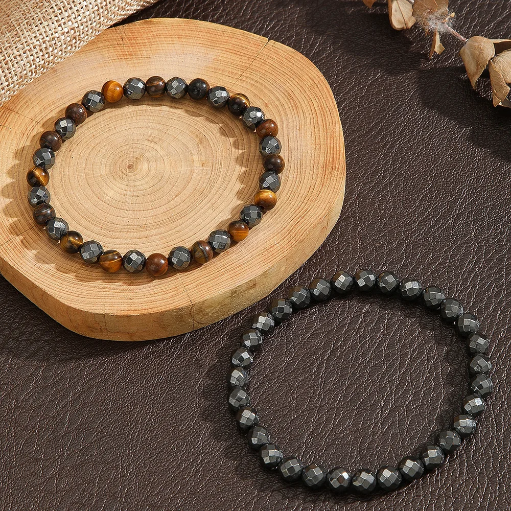 Unregelmäßiges Schwarzes Gallenstein-Streifenperlen-Armband Retro Herren Doppelschicht-Armband Modischer Party-Schmuck Trendige Accessoires – Detail 3