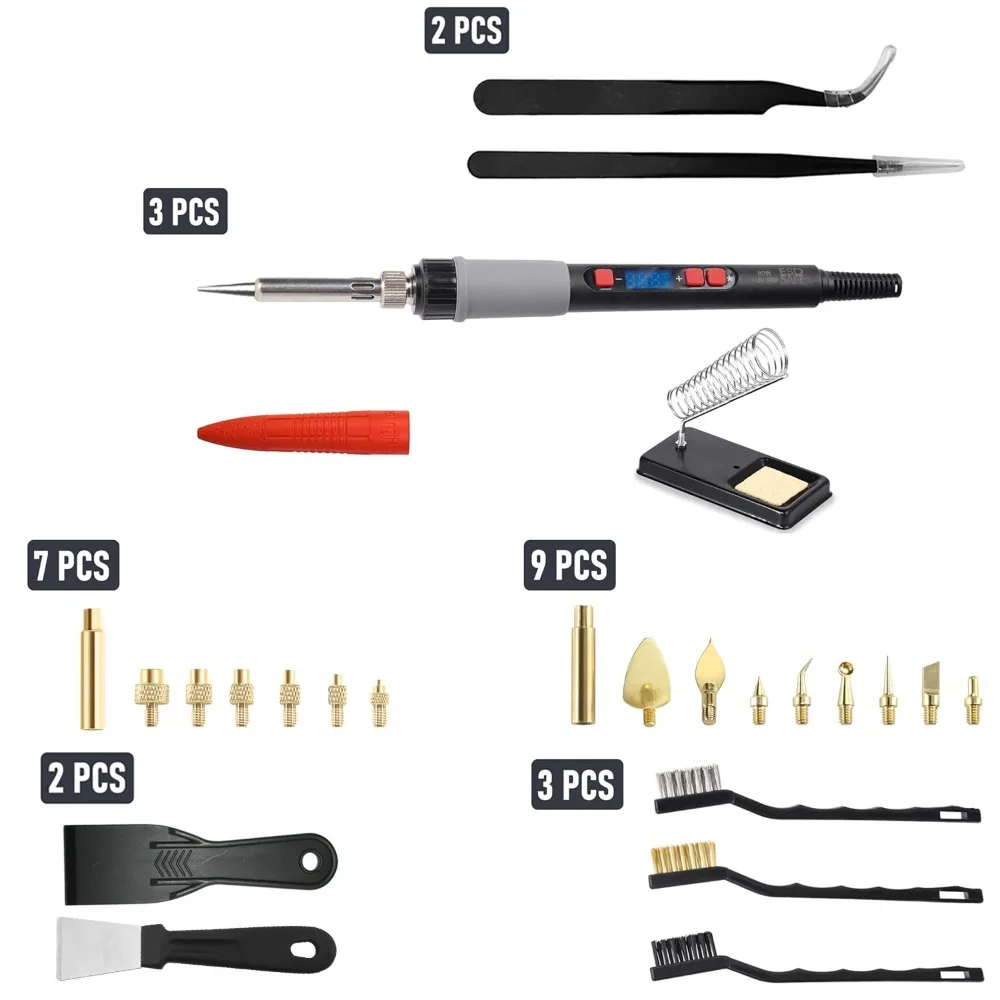 3D Printing Finishing Tool Kit 80W Soldering Iron & Heat Insert Brass Nut Kit Tweezers Heat-Set Nuts Smoothing Tool Wire Brush