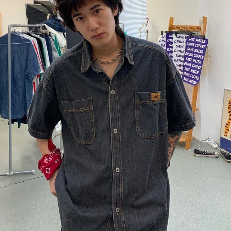 

Мужская летняя винтажная рабочая одежда свободного кроя из денима в японском стиле, повседневный топ с уникальным дизайном для подростков, износостойкий