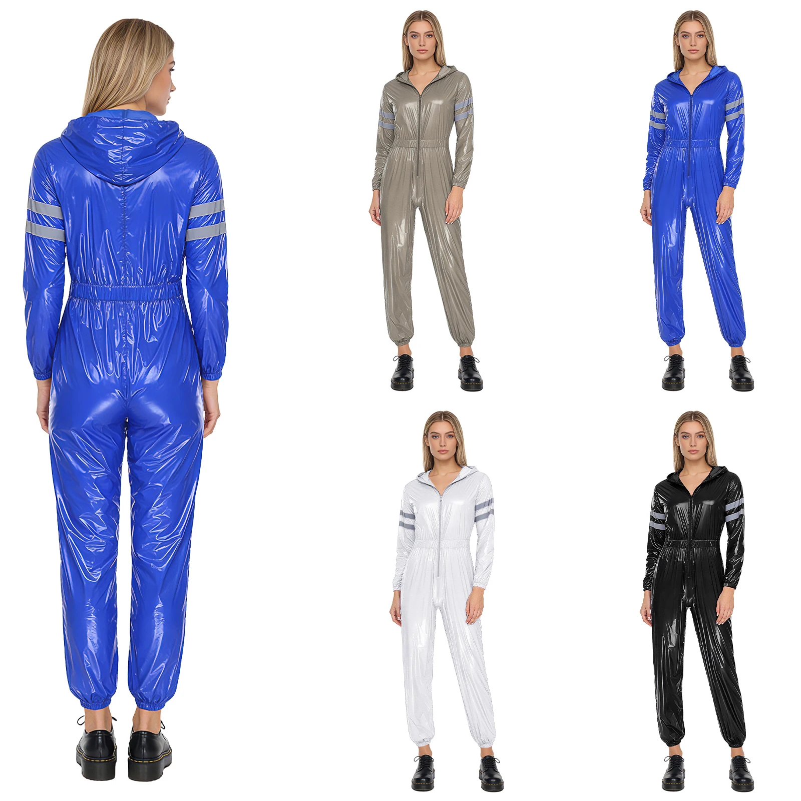 Womens Water Resistant Hooded Coveralls High Visibility Reflective Strips Long Sleeve Front Zipper Work Overalls for Workshop