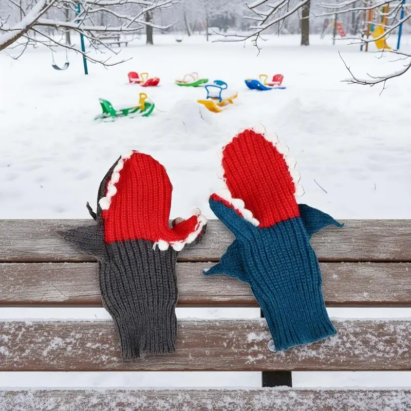 قفازات ساحرة مسلية على شكل سمكة قرش مخيطة، قفازات شتوية دافئة كرتونية، مثالية لعيد الميلاد، الوقاية من البرد