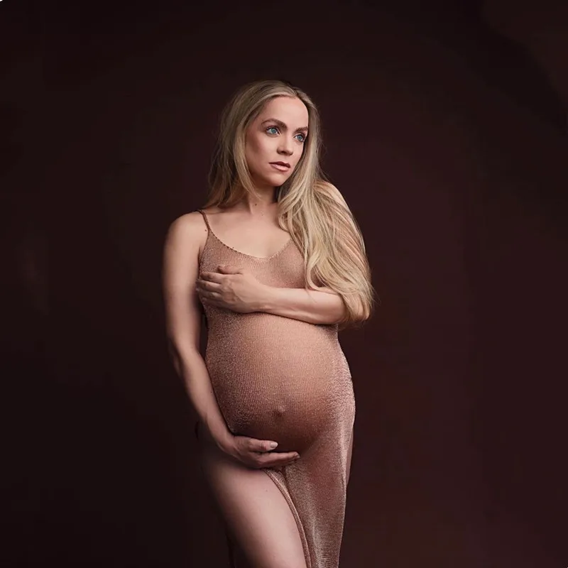 Sexy Transparent V-neck Maternity Photography Props Dress Bifurcate Backless Clothing Pregnancy Photo Shoot Baby Showers Dress