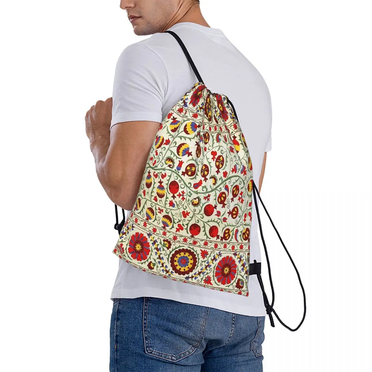Uzbek Traditional Art Design Suzani, Uzbek Backpacks Portable Drawstring Bags Sundries Bag Book Bags for Man Woman Students