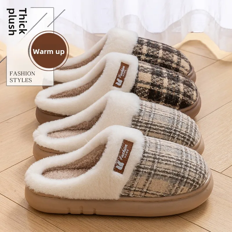 

Winter Warm Slippers men for Women grid House Non Slip Soft Shoes Comfort Flat Heel Home Indoor Bedroom Plush Slippers