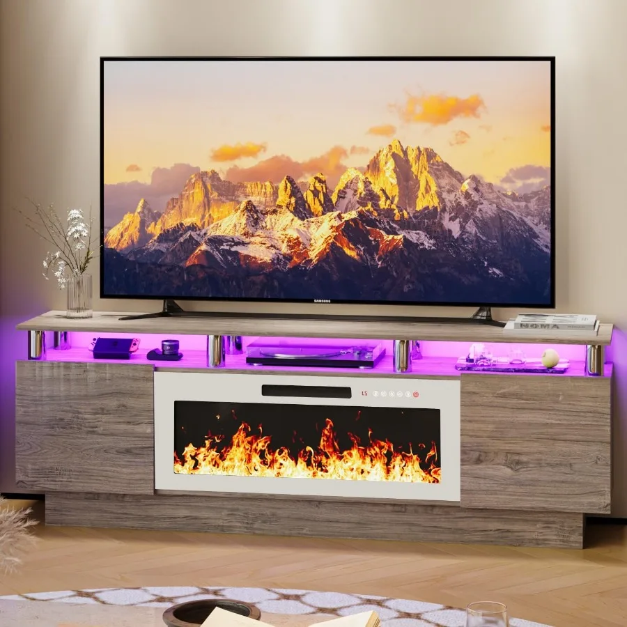 

70 Inches Fireplace TV Stand for TVs up to 80 Inches with White 36'' Electric Fireplace Remote Modern Entertainment Center in W