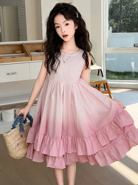 Girls Dress Summer Thin 2026 New Big Kids Girl Stylish Gradient Princess Dress Kids Wear Skirt