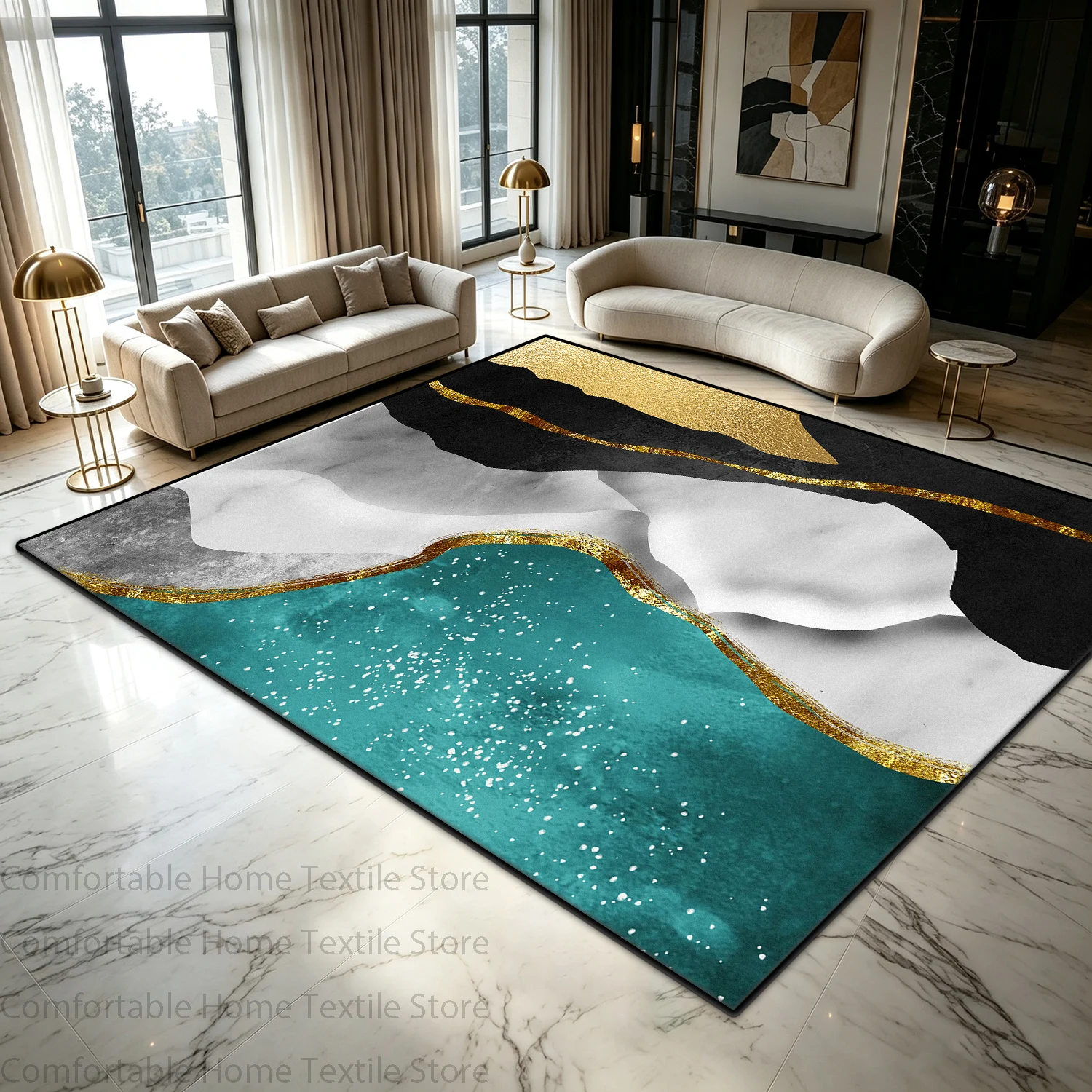 Abstract Art Style Gold Line Decoration Parlor Carpets Stain Resistant Large Area Rugs in The Lounge Soft Plush Bedroom Mats