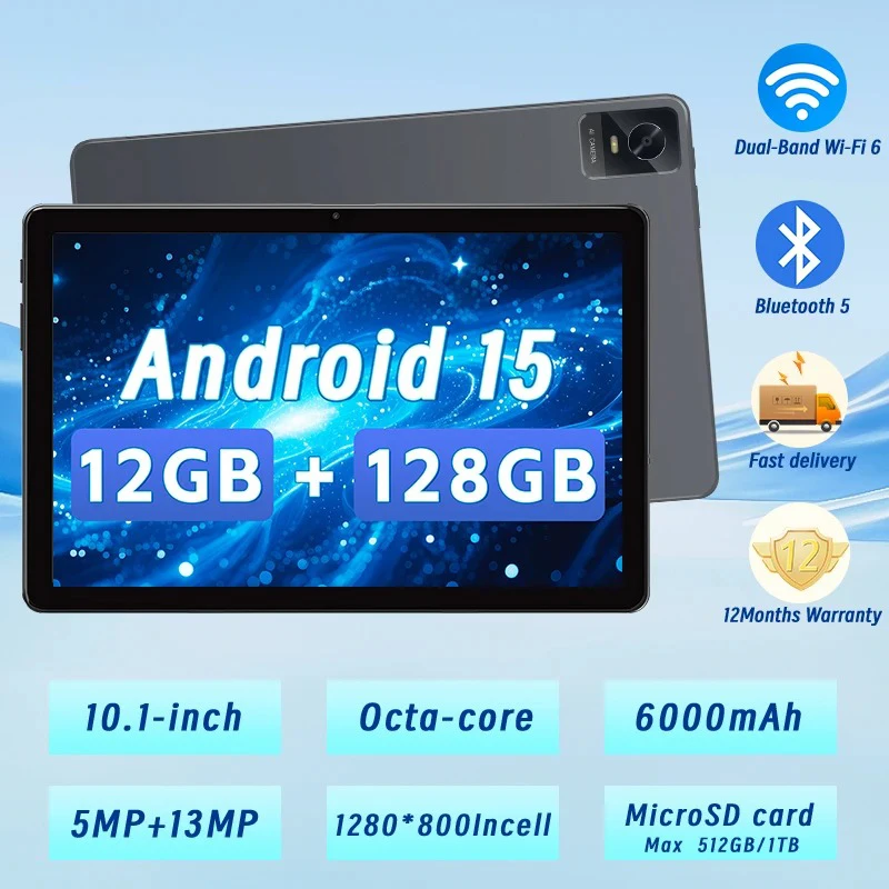 Tablets 10.1 Inch Android 15 Tablet, 12GB+128GB+1TB Expand, Octa-Core, 6000mAh Battery, Dual Camera, 5G/2.4G WiFi, Bluetooth 5.0