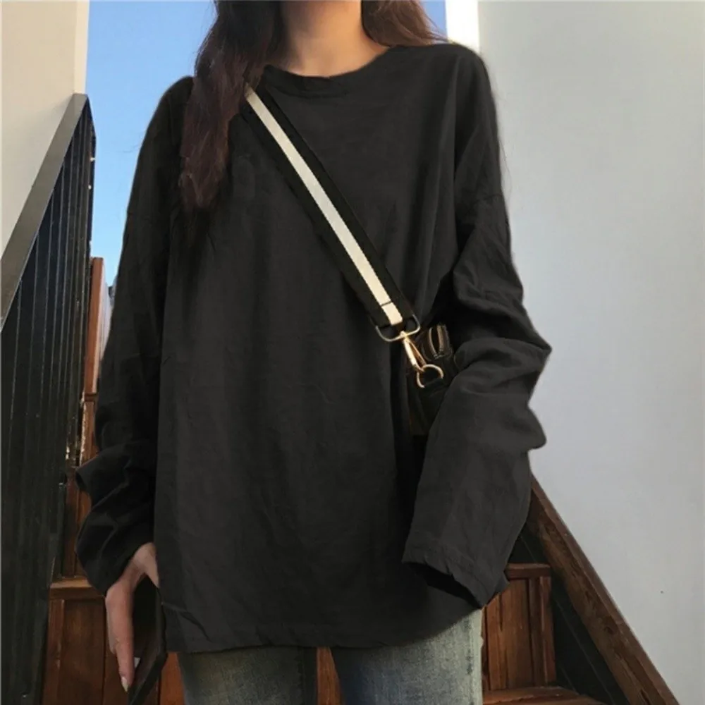 New Round Neck Long Sleeve T-Shirt Loose Fit Solid Color Women's Base Shirt Slight Stretch Crew Neck T-Shirt Autumn Clothing