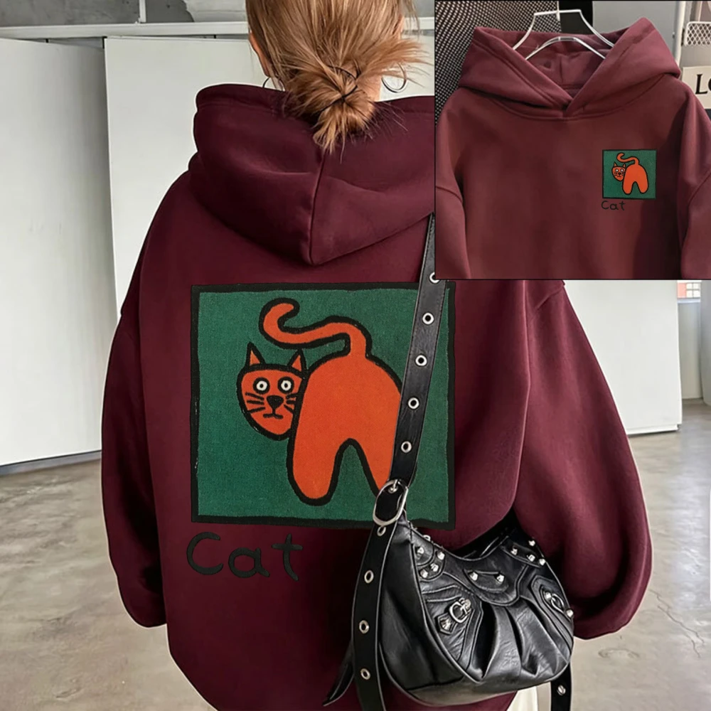Women Abstract Orange Cartoon Cat Letter Cat Funny Print Hoodie Oversized Casual Pullover Hooded Sweatshirt Cute Cat Graphic Top