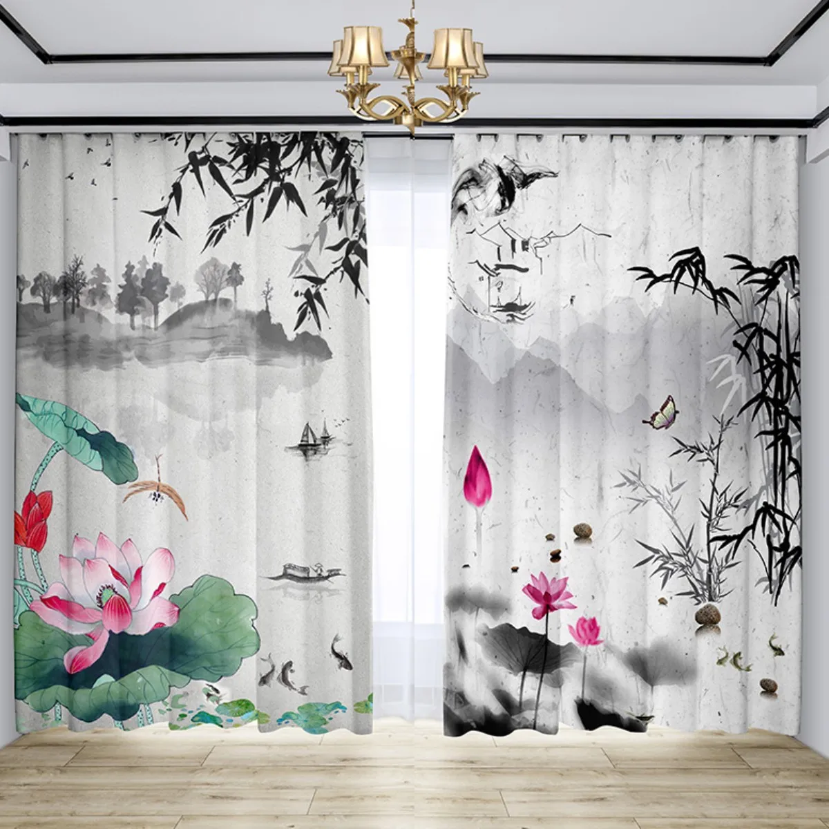 

2 Panel Chinese Curtains Lotus Landscape Curtains for Bedroom Living Room Floor-to-ceiling Window Kitchen Blinds Grommet Top