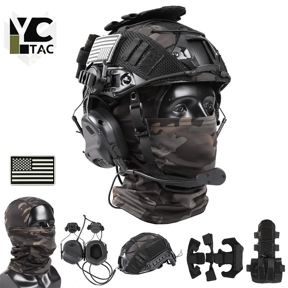 Tactical Helmet Set with Cover Battery Pouch Fcae Mask Rotatable Headset All-in-One Tactical Kit for Outdoor CS Games Cosplay