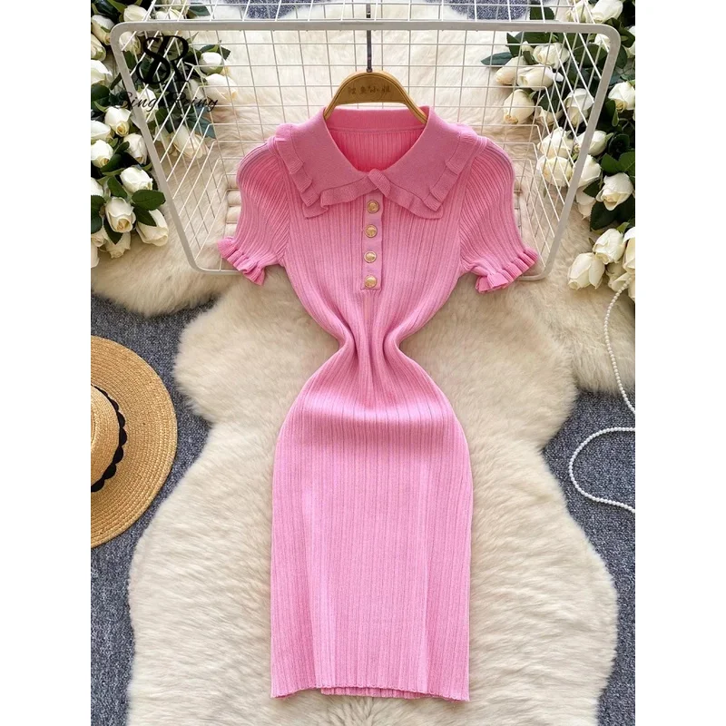 ZIXIN อเมริกัน Retro ถัก Bodycon Sundress ผู้หญิงคอปกแขนสั้น Ruffles Sheath ลาย Hotsweet ชุดสั้น