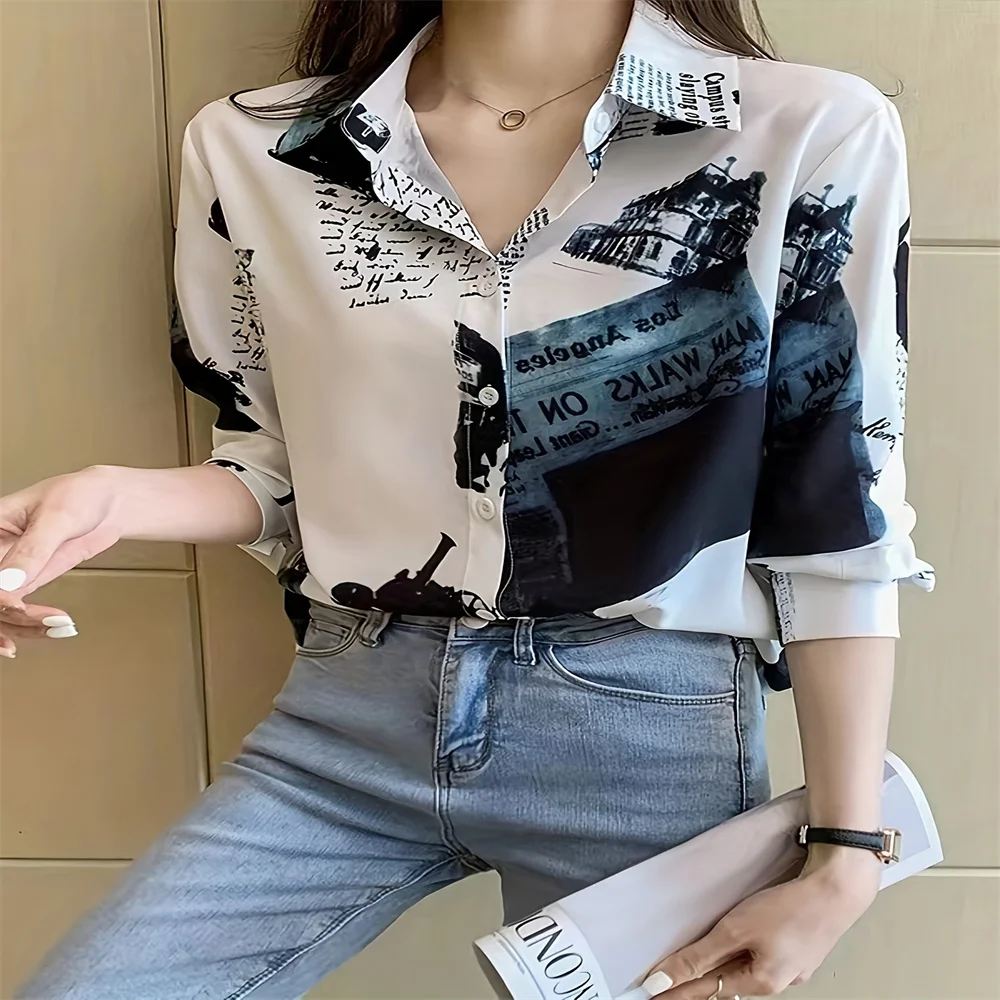 Women\'s Colorful Chic Long Sleeved Butterfly Printed Button Down Shirt With Elegant Spring And Autumn Women\'s Essential Item