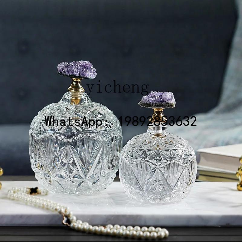 French Style Glass Amethyst Cluster Lid Candy Dried Fruit Storage Jar Creative Luxurious Storage Jar Ornament