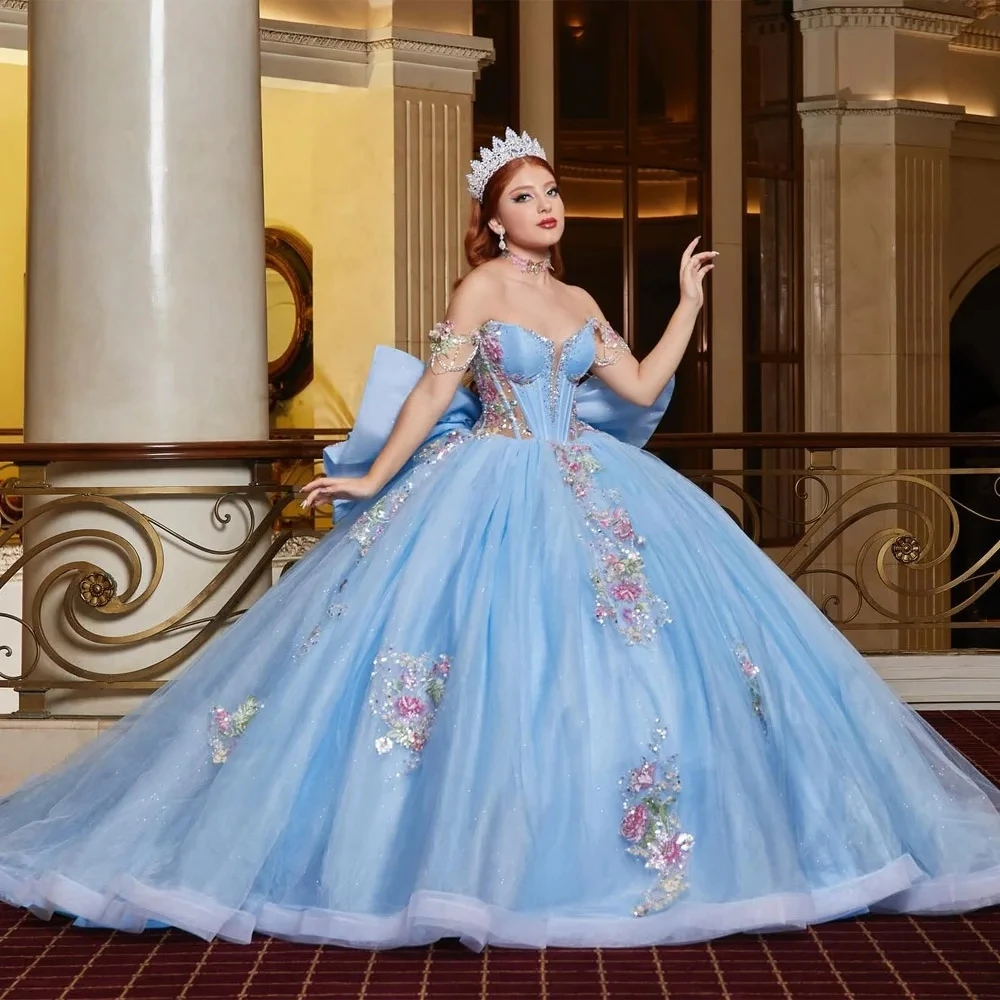 Glitter Light Sky Blue Quinceanera Dress Ball Gown Floral Applique Beading Bow Sweet 16 Vestidos De 15 Anos Customized